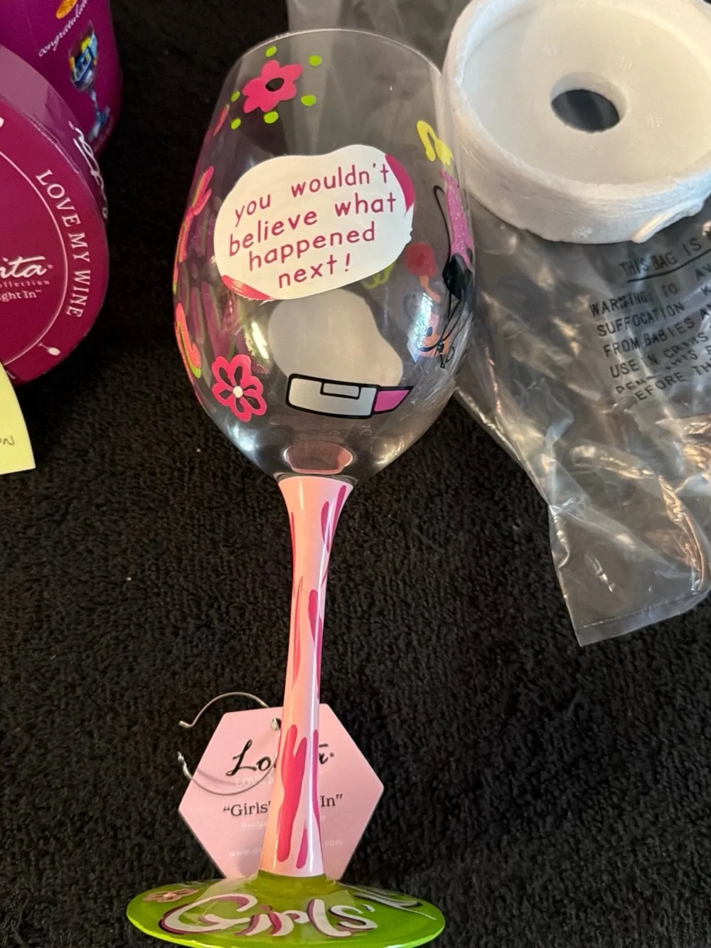 Lolita Girls' Night In Hand-Painted Wine Glass - Pink & Green